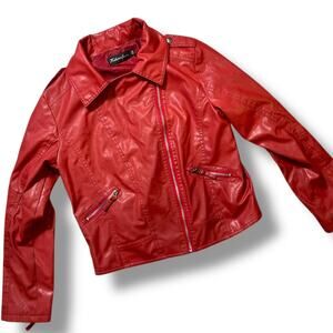 Keleiexfushi Red Faux Leather Moto Jacket Womens M L Asym Zip Biker Jacket